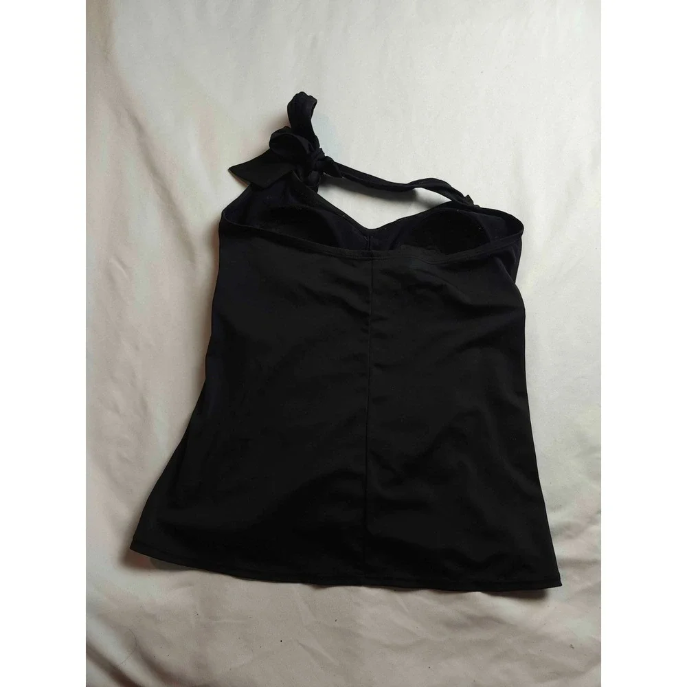 Tankini Swim Top S/M Black Halter Ruched Front Tie Neck‎ Summer Vacation Beachy